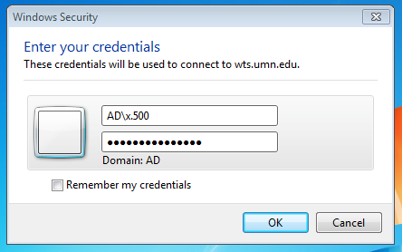 Remote Desktop Connection prompt asking for username and password.